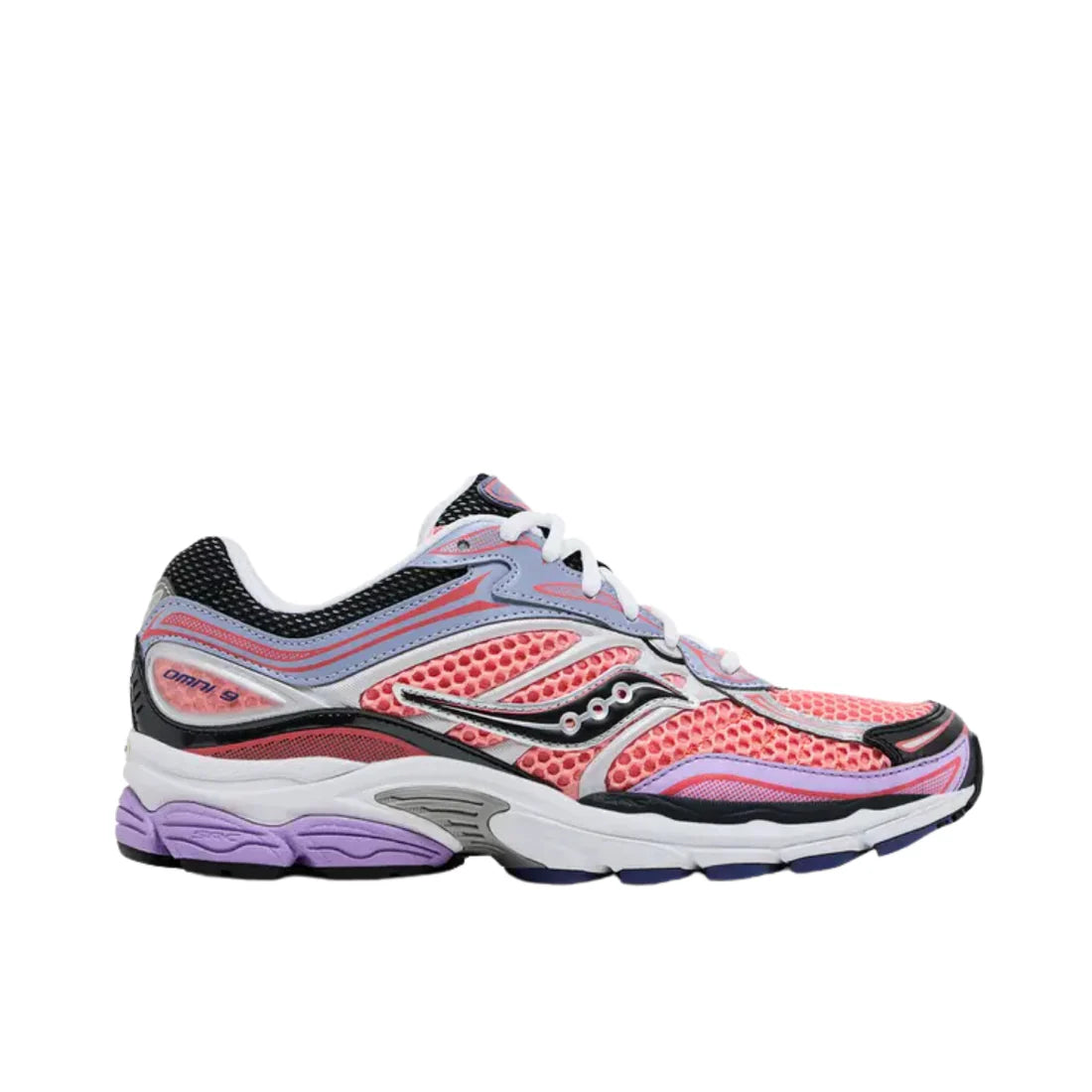 Saucony ProGrid Omni 9 sneaker in pink and purple with mesh upper and white midsole