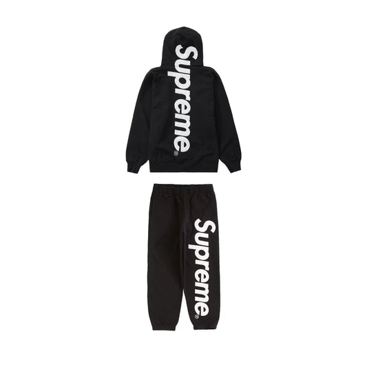 SUPREME SATIN APPLIQUE HOODED SWEATSHIRT & SWEATPANT SET BLACK