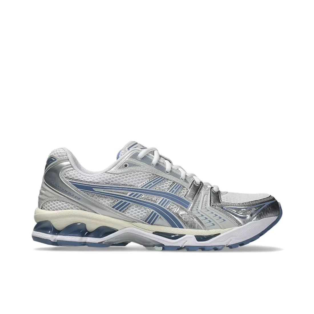 Asics Gel-Kayano 14 Light Navy sneaker in white and silver with blue accents