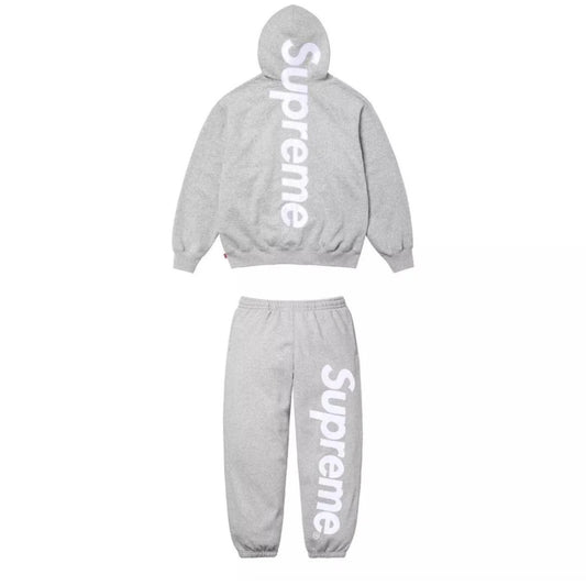 SUPREME SATIN APPLIQUE HOODED SWEATSHIRT & SWEATPANT SET GREY