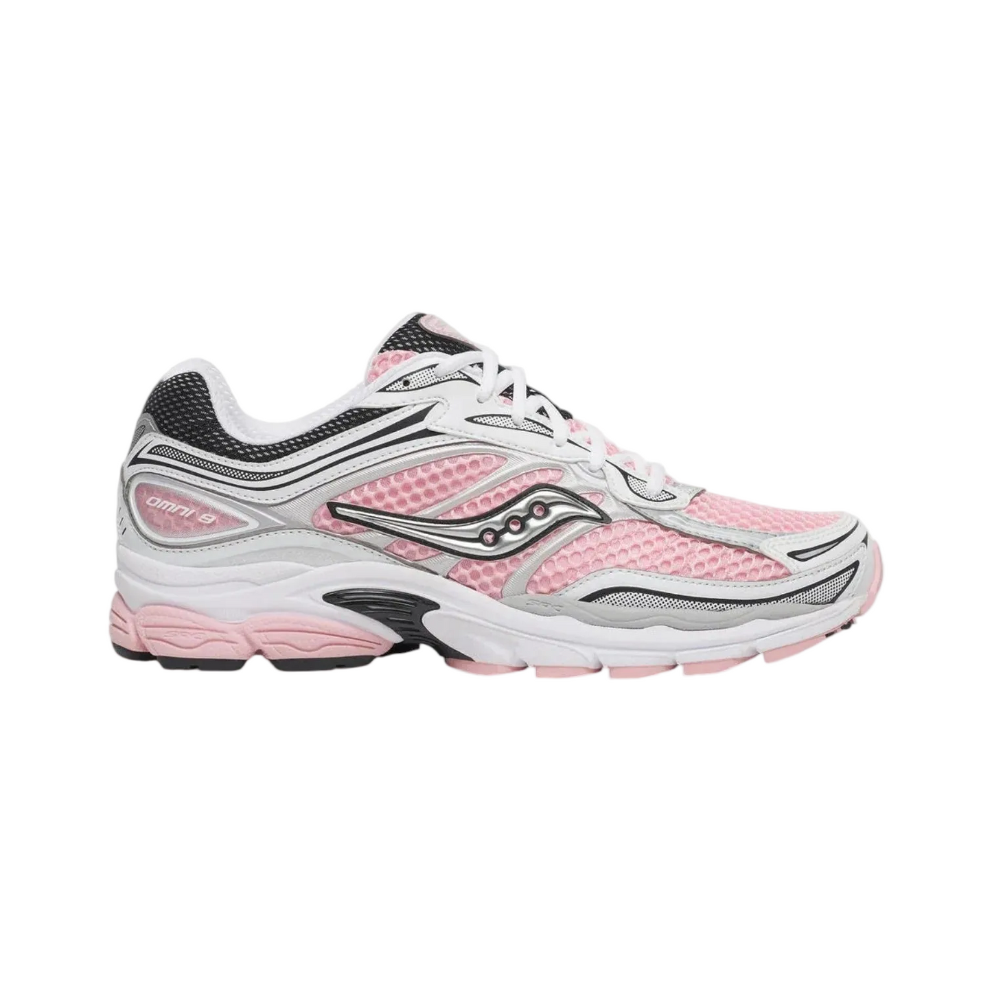 Saucony ProGrid Omni 9 sneaker in white and pink with silver accents