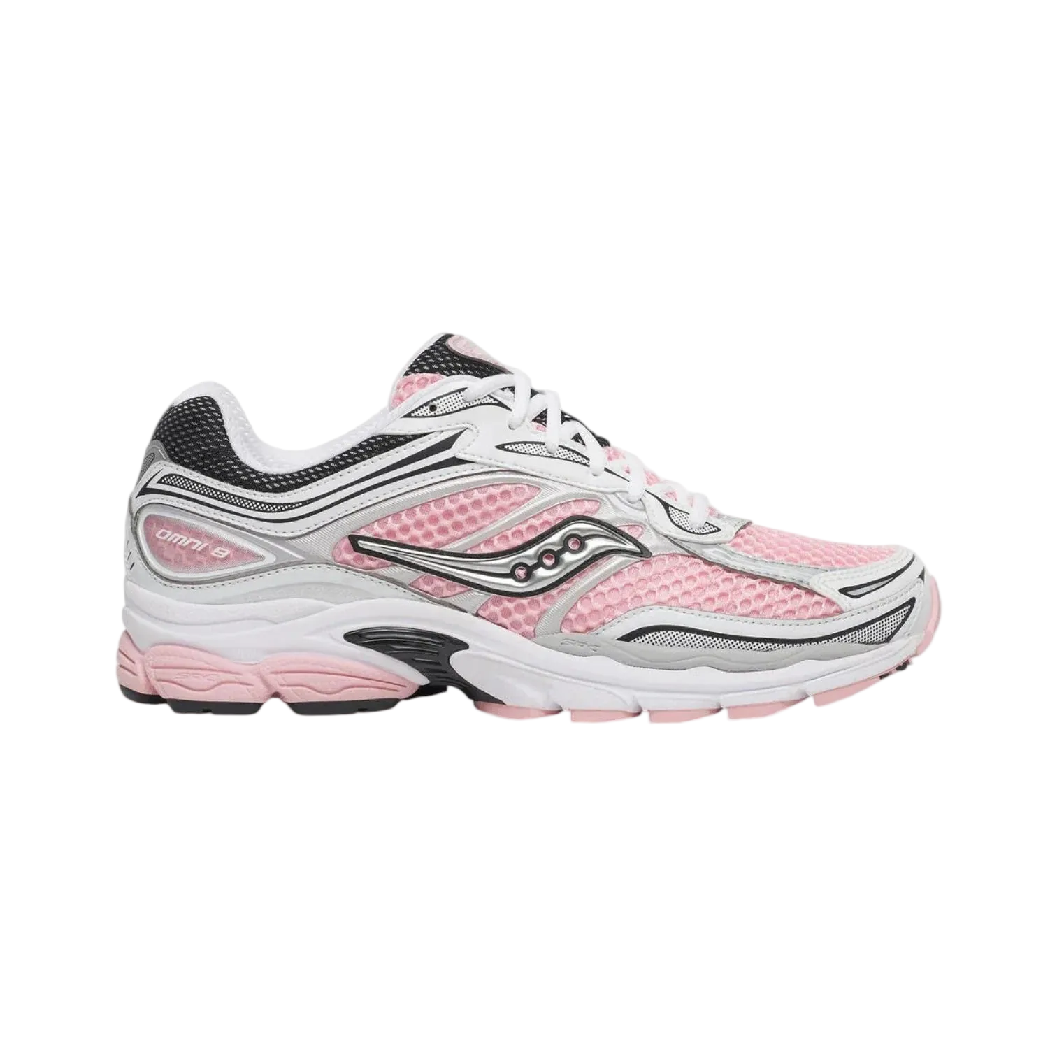 Saucony ProGrid Omni 9 sneaker in white and pink with silver accents