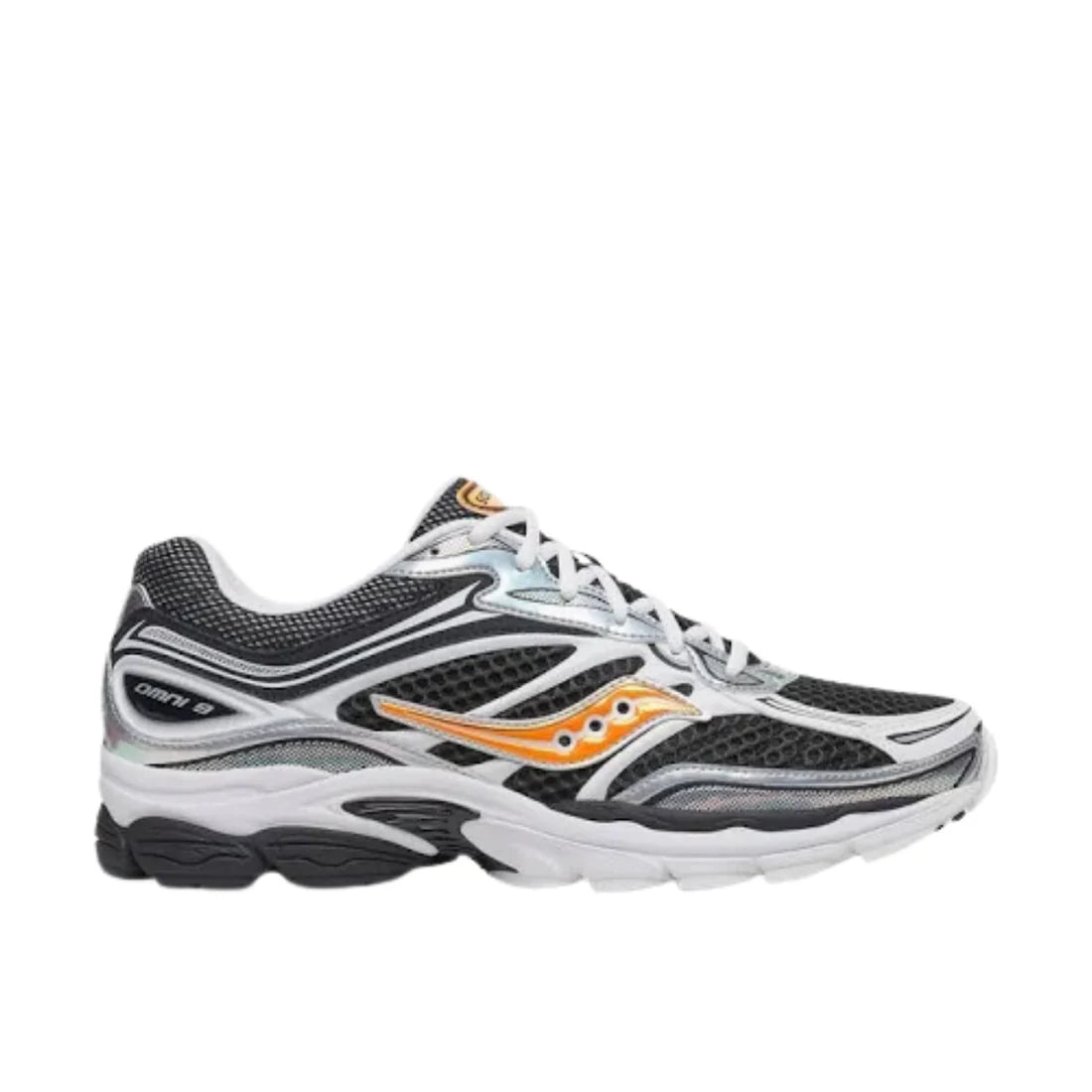 Saucony ProGrid Omni 9 sneaker in white and orange with black mesh detailing